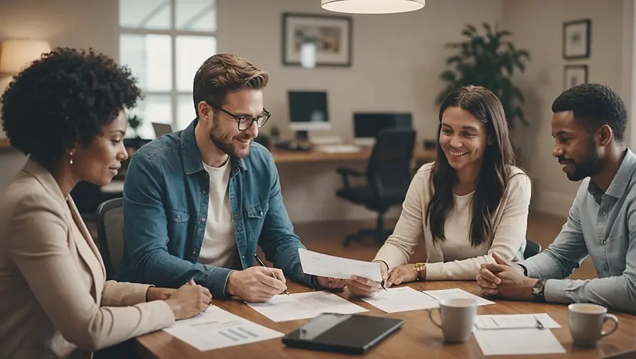A diverse group of people discussing home loan options with a broker in a cozy office setting, reviewing documents and looking at a laptop together.