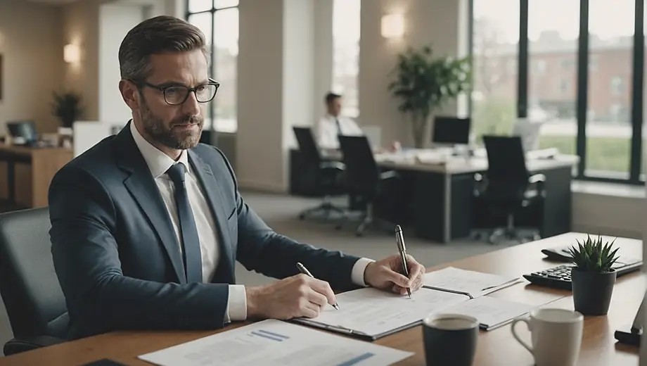 A mortgage advisor sits at a desk in a modern office, reviewing documents and discussing options with a client.