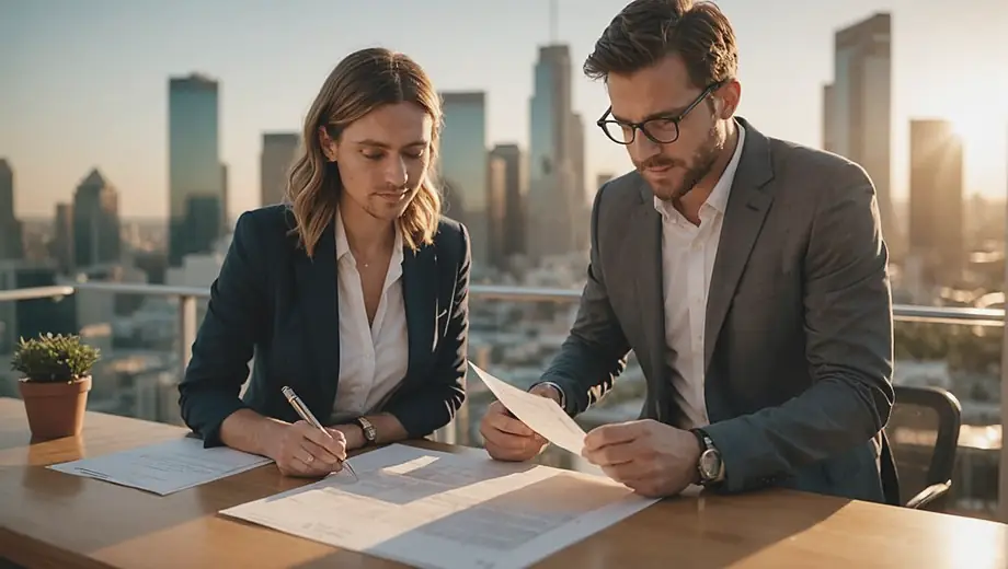 A customer and a professional discuss real estate financing on-site, reviewing documents and analyzing property details together.