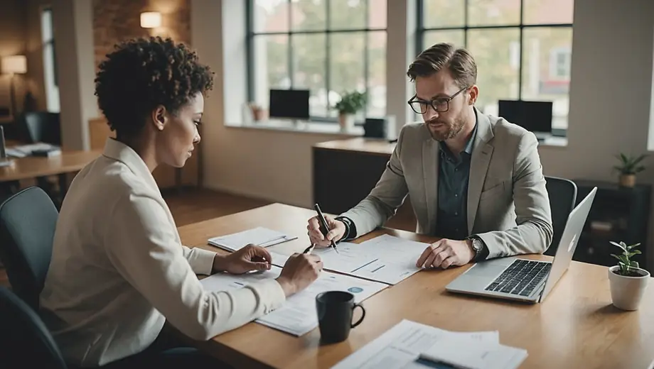 A customer and a mortgage loan professional discuss financing options at a cozy office, with paperwork and a laptop on the table between them.