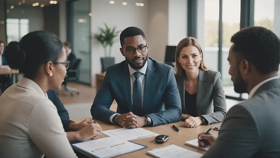 A diverse group of people discussing financial options with a mortgage broker in a modern office setting.