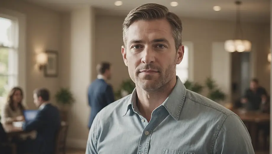 A mortgage lender stands confidently.