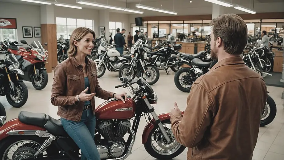 A customer and a professional engage in conversation at a motorcycle dealership, surrounded by various motorcycles on display. The customer appears excited while the professional gestures towards a bike, highlighting its features.