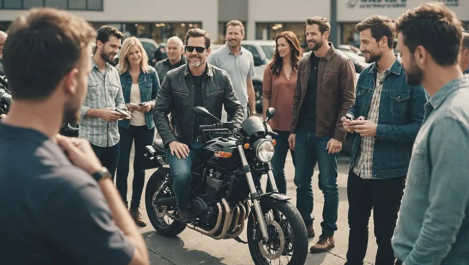 A diverse group of people gathered at a motorcycle dealership, engaging in discussions and examining various models during a busy motorcycle sales event.