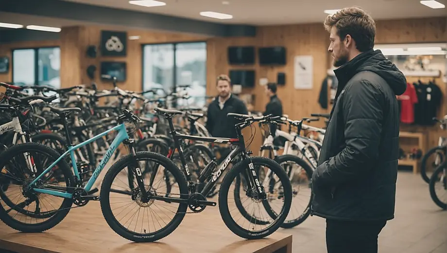 A person stands in front of a bike dealership, examining a sleek mountain bike on display. The bright signage and various bike models create an inviting atmosphere for cycling enthusiasts.