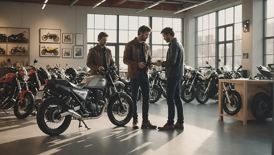 A motorcycle dealer assists a customer in selecting the perfect bike, showcasing various models in a well-lit showroom filled with motorcycles and accessories.
