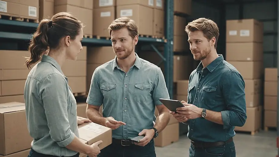 A customer discusses moving logistics with a professional on site, surrounded by moving boxes and packing materials.
