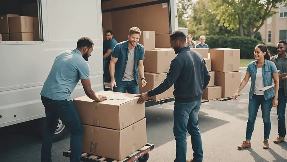 A diverse group of people working together to load boxes onto a moving truck, showcasing teamwork and efficiency at a moving company.