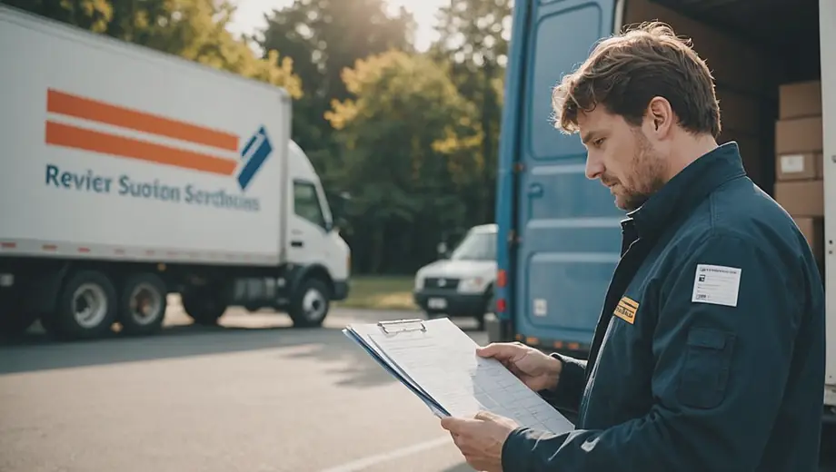 A person standing in front of a moving truck, reviewing a checklist for relocation services.