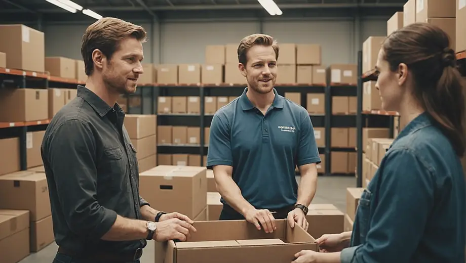 A customer discusses moving and storage options with a professional at a well-organized facility, surrounded by boxes and storage units.