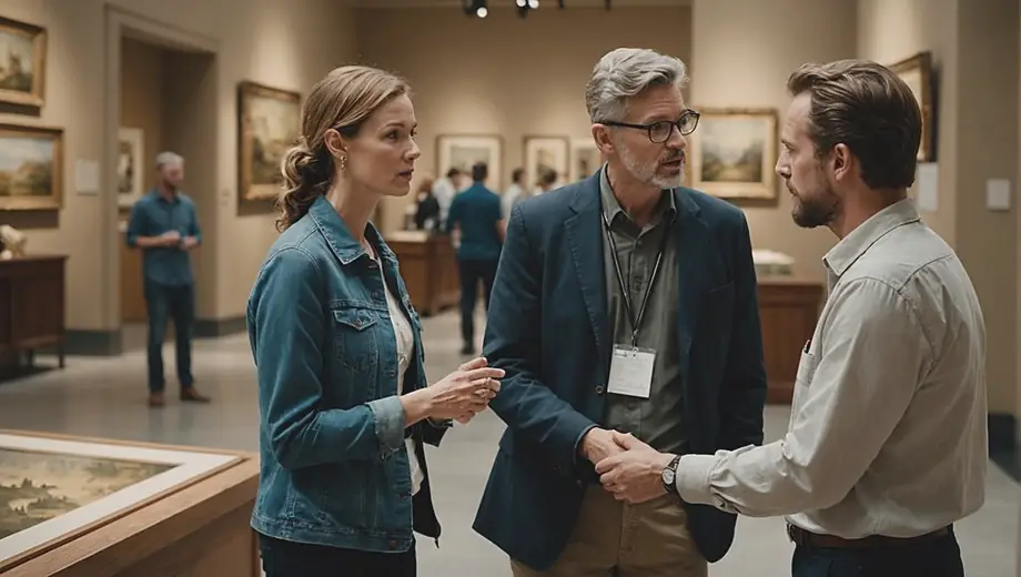 A customer and a professional engage in a discussion inside a museum, surrounded by captivating exhibits and artwork. The professional gestures towards a display, while the customer listens attentively, showcasing a collaborative learning experience.
