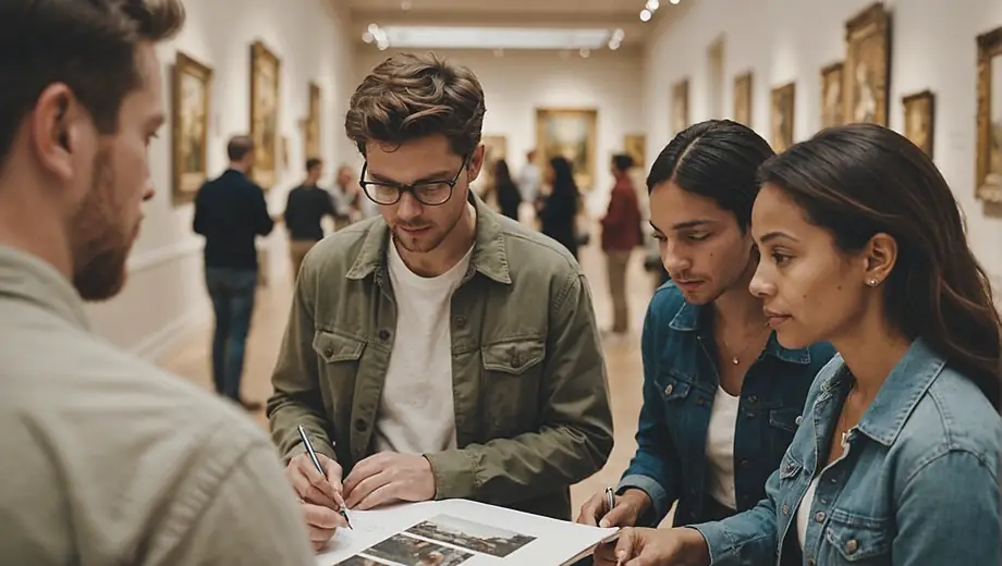 A diverse group of people exploring an art museum, admiring various paintings and sculptures while engaging in conversation and taking notes.