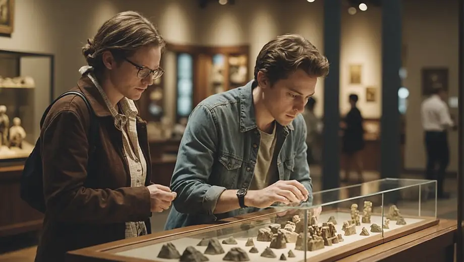 A visitor explores an exhibit at a history museum, examining artifacts displayed in well-lit cases.