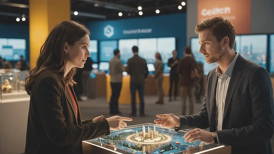 A customer and a professional engage in a discussion at a science museum, surrounded by interactive exhibits and educational displays.
