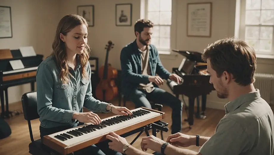 A customer discusses music lessons with a professional at a Music School, surrounded by instruments and sheet music in a bright, welcoming studio.