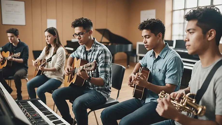 A diverse group of students engaged in a music academy class, playing various instruments and collaborating with an instructor.