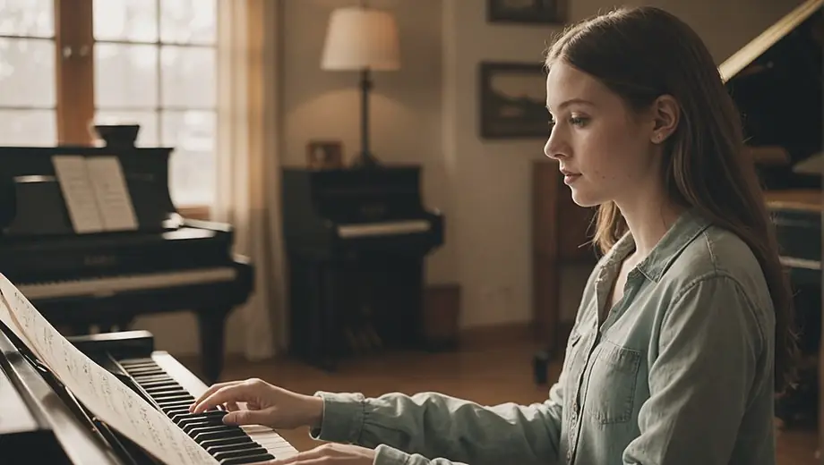 A young woman sits at a piano in a cozy studio, focused on her sheet music during private music lessons.