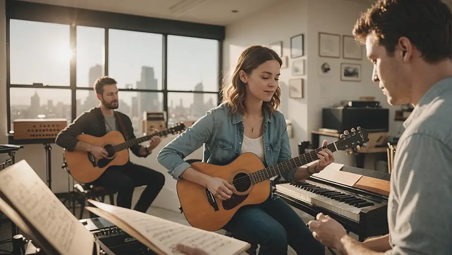 A customer engages in a music instruction session with a professional, surrounded by instruments and sheet music in a bright, inviting studio.