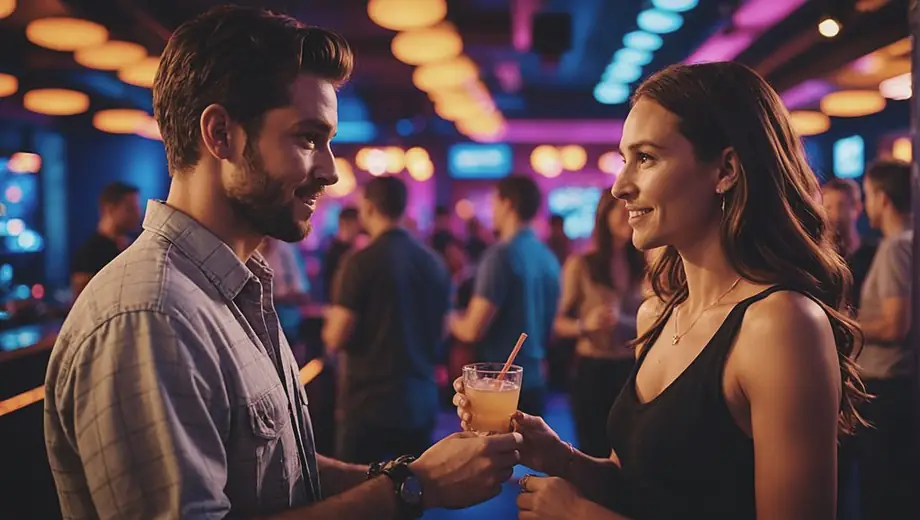 A customer and a professional engage in conversation at a vibrant nightclub, surrounded by colorful lights and energetic ambiance.