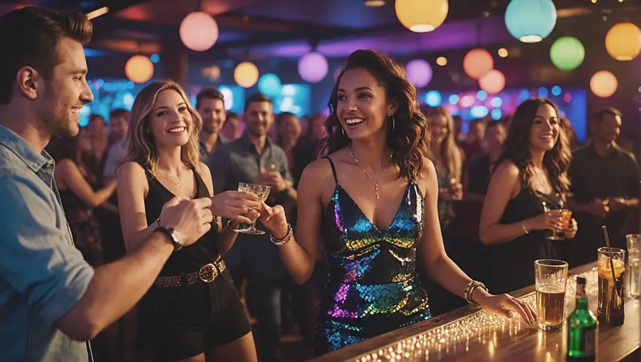 A lively nightclub bar scene with people dancing, laughing, and enjoying drinks, illuminated by colorful lights and vibrant decor.