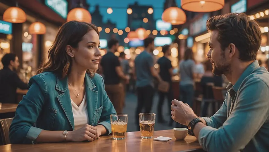 A customer and a professional engage in conversation at a vibrant nightlife spot, surrounded by colorful lights and lively patrons enjoying the atmosphere.