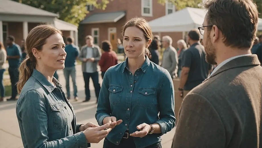 A customer and a professional engage in a discussion on site at a nonprofit organization, surrounded by community members and resources aimed at supporting local initiatives.