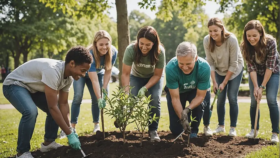 A diverse group of volunteers from a nonprofit organization collaborates on a community project, smiling and engaged as they plant trees in a local park.