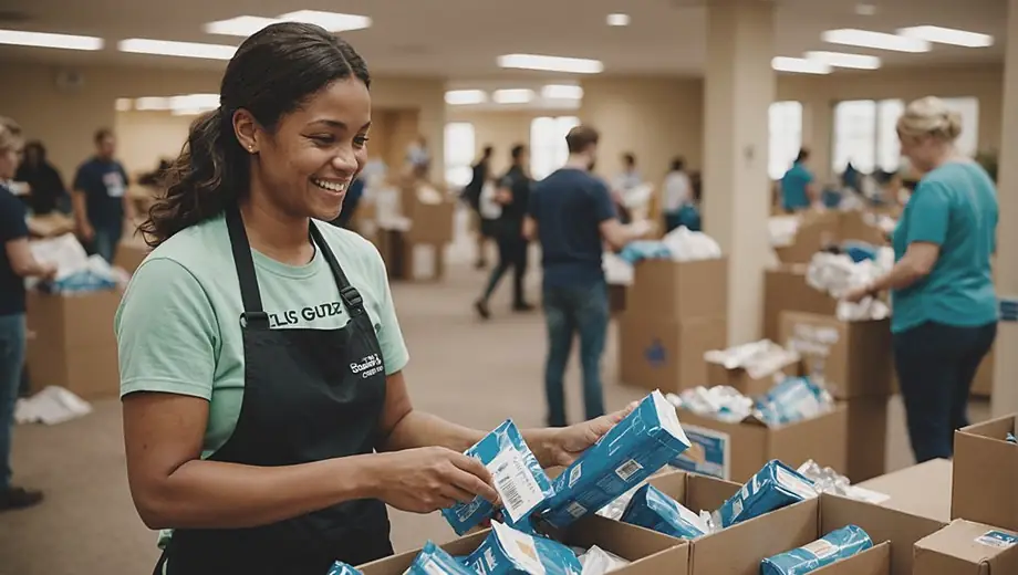 A person volunteering at a charity event, smiling while sorting donations in a brightly lit community center.