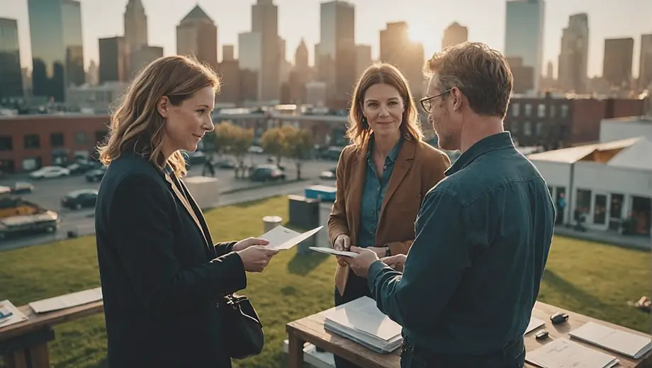 A customer and a professional collaborate on-site at a charitable foundation, discussing project plans and community impact while surrounded by volunteers and resources.