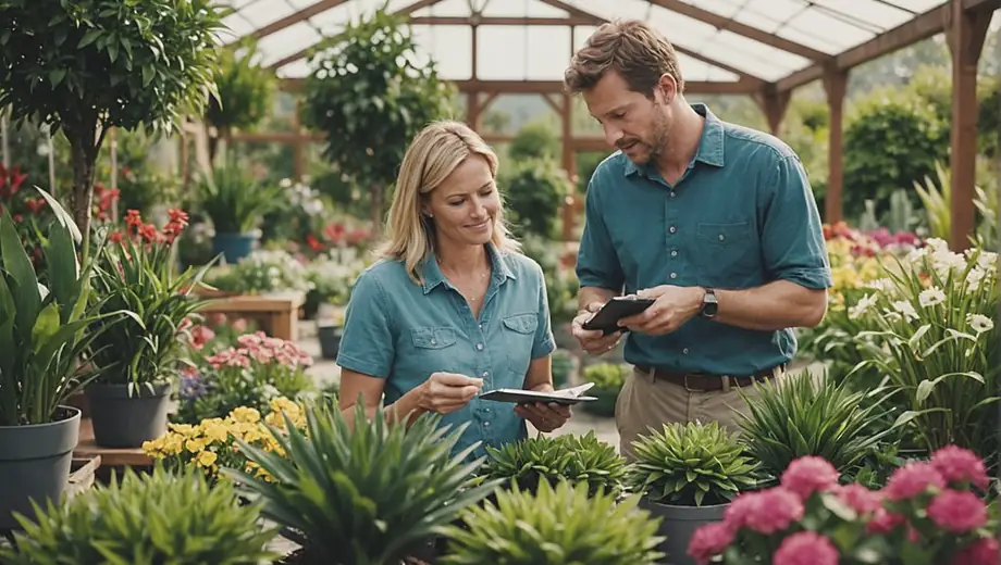 A customer consults with a professional at a vibrant nursery, surrounded by a variety of plants and flowers, discussing options for landscaping.