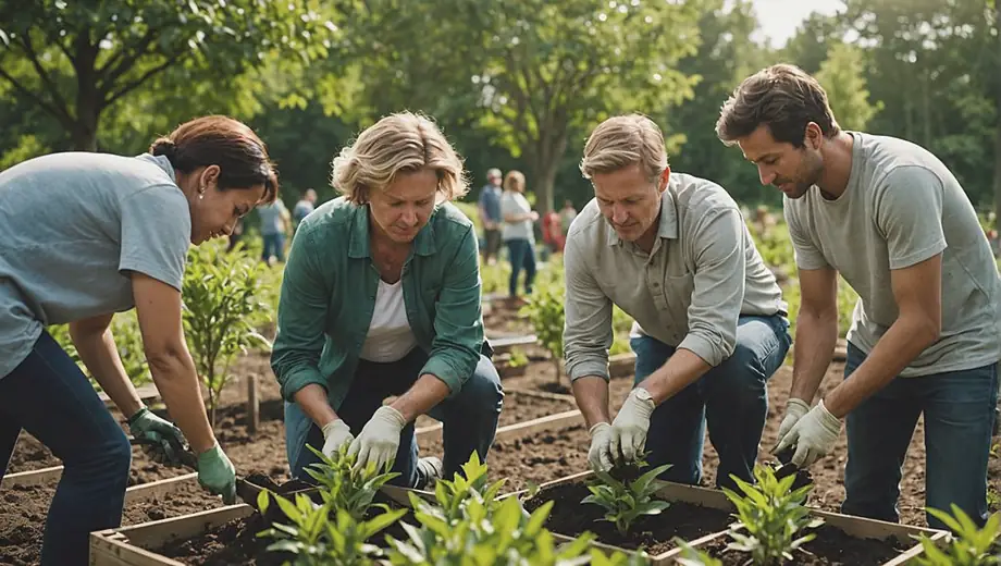 A diverse group of people working together in a tree nursery, planting saplings and tending to young trees in a lush, green environment.
