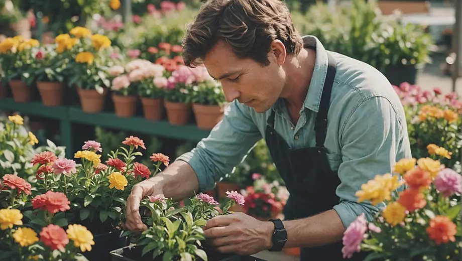 A person tending to vibrant flowers and plants at a plant nursery, surrounded by greenery and colorful blooms.