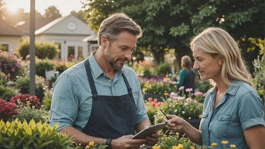 A customer consults with a professional at a garden nursery, surrounded by vibrant plants and flowers, discussing options for landscaping and gardening projects.