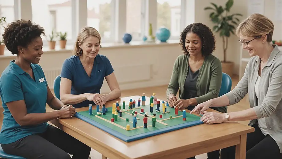 A diverse group of individuals engaged in various activities at an occupational therapy clinic, showcasing therapists assisting clients with exercises and adaptive techniques to enhance daily living skills.