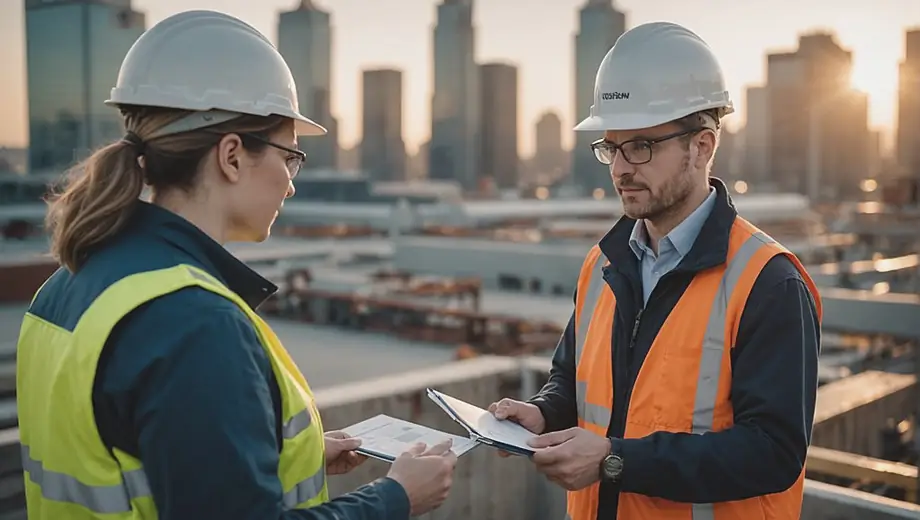 A customer and a professional discuss occupational health measures on site, examining safety protocols and equipment to ensure a safe working environment.