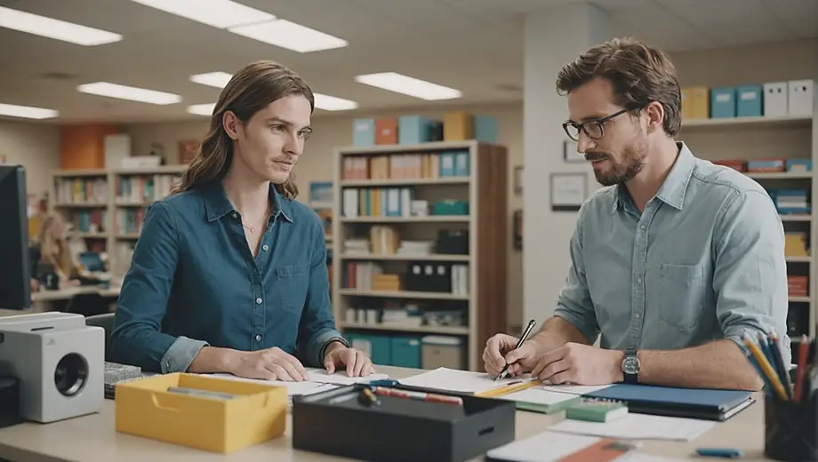 A customer and a professional discuss office supply options at a well-organized workspace, surrounded by various stationery and equipment.
