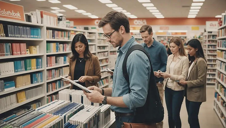 A diverse group of people shopping in an office supply store, browsing shelves filled with notebooks, pens, and organizational tools.
