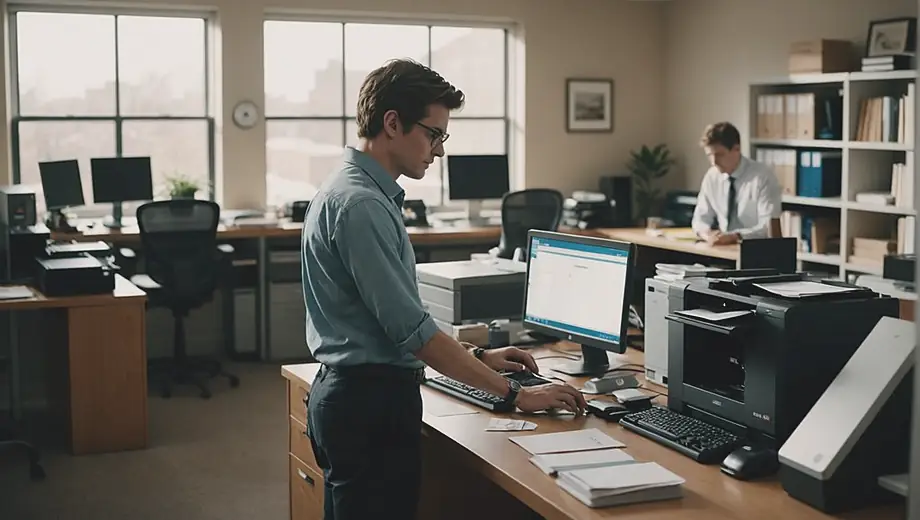 A person standing at a desk surrounded by various office equipment, including a computer, printer, and filing cabinets, focused on their work.