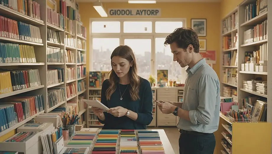 A customer and a professional discuss products in a brightly lit stationery store, surrounded by colorful notebooks, pens, and art supplies.