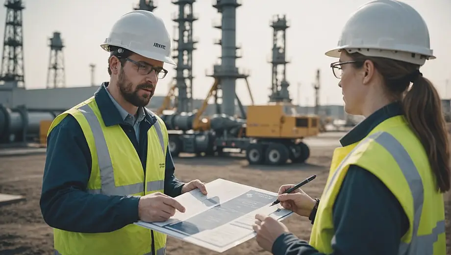 A customer and a professional discuss project details on-site at an oil and gas facility, surrounded by equipment and machinery.