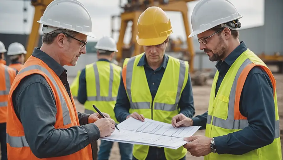 A diverse group of professionals in hard hats and safety vests collaborate at an oil company site, reviewing plans and discussing operations amidst machinery and equipment.