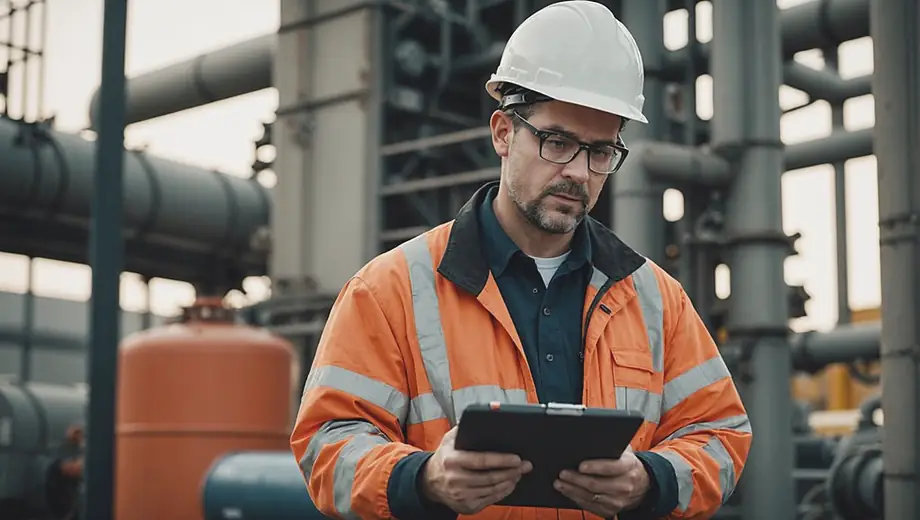 A gas provider technician inspects equipment at an industrial site, wearing safety gear and taking notes on a clipboard.