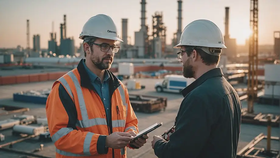 A customer discusses project details with a professional on-site, surrounded by equipment and tools related to petroleum services.