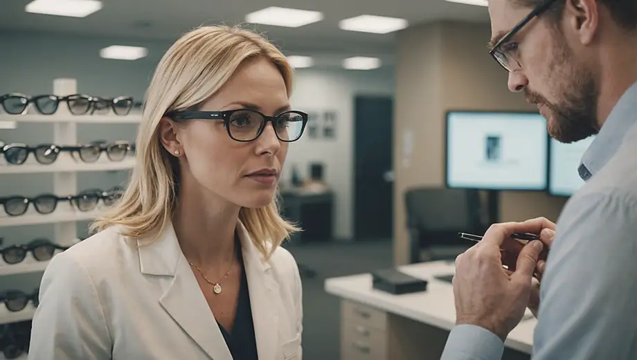 A customer consults with a professional optometrist on site, discussing eye care options while examining a selection of eyewear in a well-lit office.