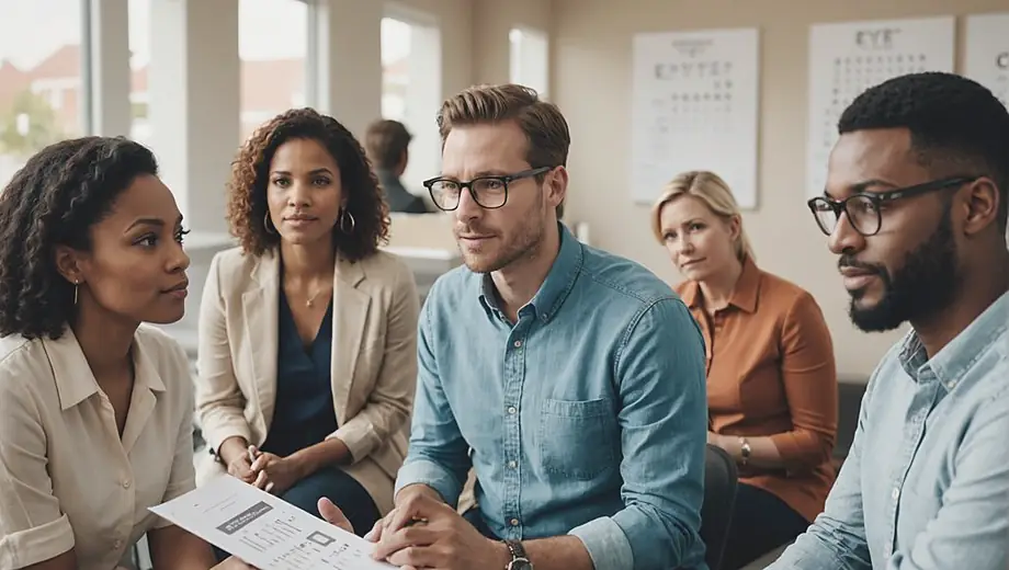 A diverse group of people sitting in an optometrist's office, engaging with staff and examining eye charts while waiting for their eye exams.