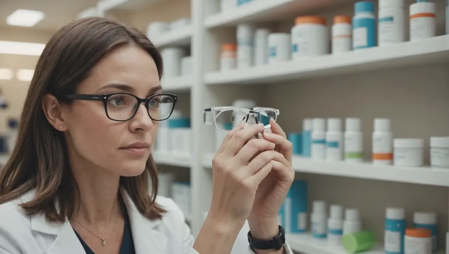A person wearing glasses examines eye care products in a bright, well-organized clinic.