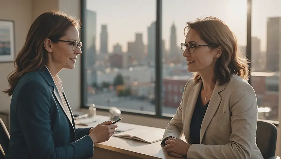 A customer consults with a professional on site about vision care, discussing eye health and treatment options in a bright, welcoming clinic environment.