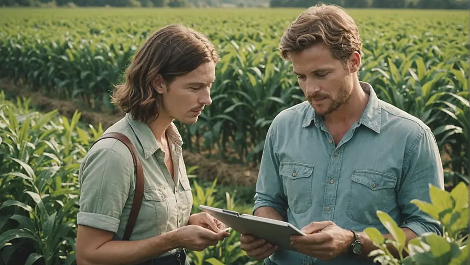 A customer and a professional discuss organic farming practices in a lush field, surrounded by vibrant crops and greenery. The professional gestures towards the plants, explaining sustainable techniques while the customer listens attentively, notebook in hand.