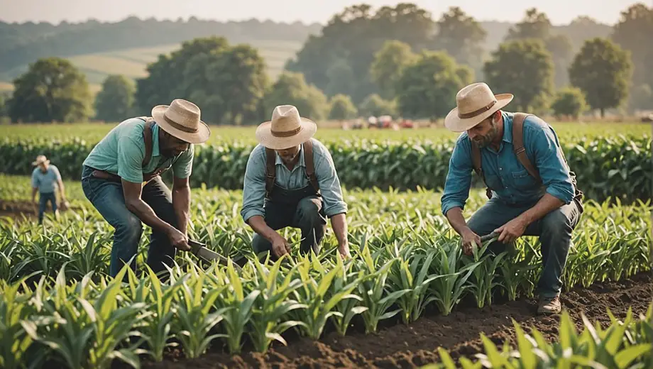 A diverse group of farmers working together in a lush field, tending to vibrant crops and practicing organic agriculture.