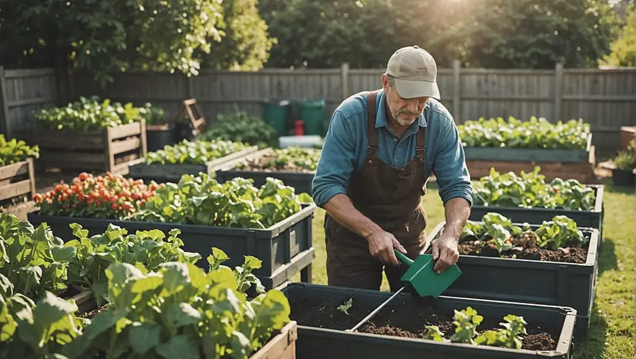 A farmer tending to a vibrant vegetable garden, showcasing sustainable farming practices with compost bins and organic crops in the background.